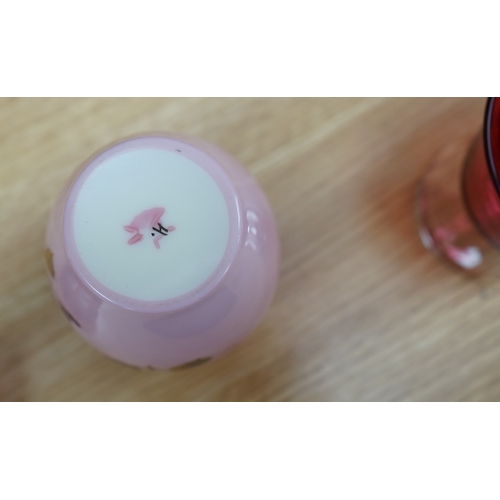 405 - A collection of mixed 19th/20th century coloured glassware, to include a monogrammed cranberry bowl ... 