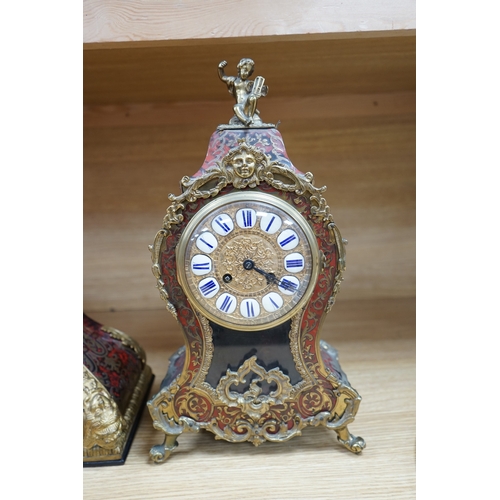 410 - A French scarlet Boulle clock, and original bracket, the waisted case with glass front enclosing bou... 