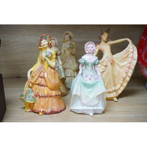 417 - Nine Crown Devon 1930's dancers, in the manner of Wade figures, tallest 26cm high. Condition - fair ... 