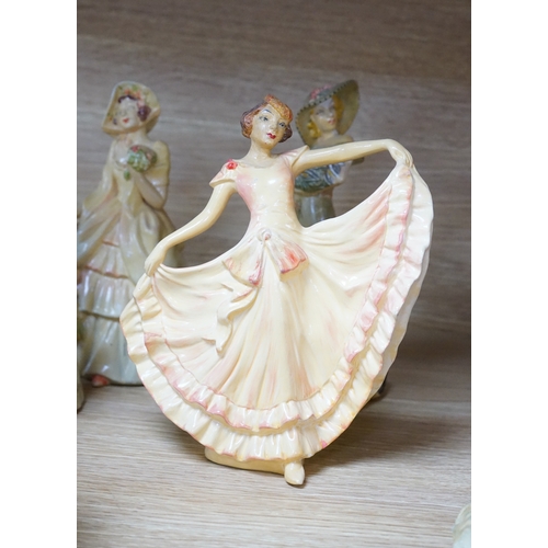 417 - Nine Crown Devon 1930's dancers, in the manner of Wade figures, tallest 26cm high. Condition - fair ... 