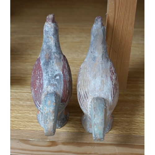 418 - A pair of Chinese pottery figures of cockerels, Han Dynasty or later, height 17cm. Condition - fair... 
