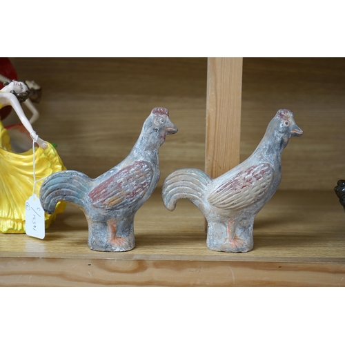 418 - A pair of Chinese pottery figures of cockerels, Han Dynasty or later, height 17cm. Condition - fair... 