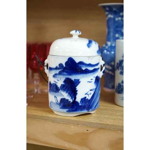 423 - A collection of 19th and 20th century Chinese blue and white vases and tea bowls, largest 21cm high.... 