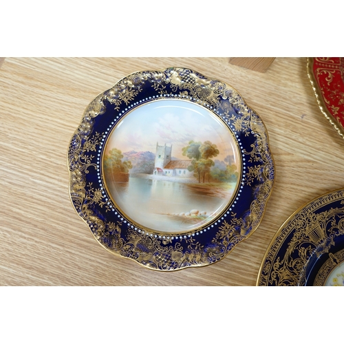 439 - A collection of English porcelain plates, highlights include a Royal Doulton fruit painted cabinet p... 