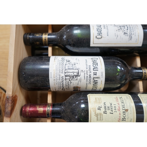 452 - Ten bottles of mixed red wine to include three Château Leoville Barton 1992, in an open crate. Condi... 