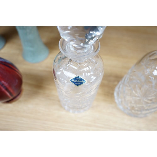 456 - A cut glass ships decanter, two others and three various cut glass candle sticks, tallest decanter ... 