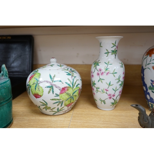 459 - A collection of Chinese ceramics to include and bowls, plates, pottery dragon teapot and a green gla... 