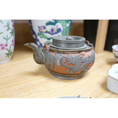 459 - A collection of Chinese ceramics to include and bowls, plates, pottery dragon teapot and a green gla... 