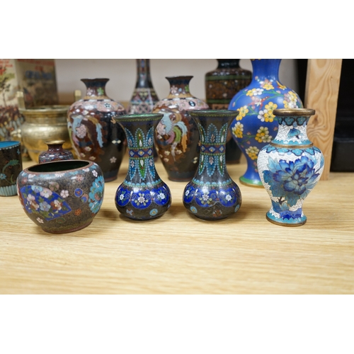 461 - A large collection of Chinese and Japanese cloisonné vases and a brass twin handled censer, largest ... 