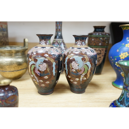 461 - A large collection of Chinese and Japanese cloisonné vases and a brass twin handled censer, largest ... 