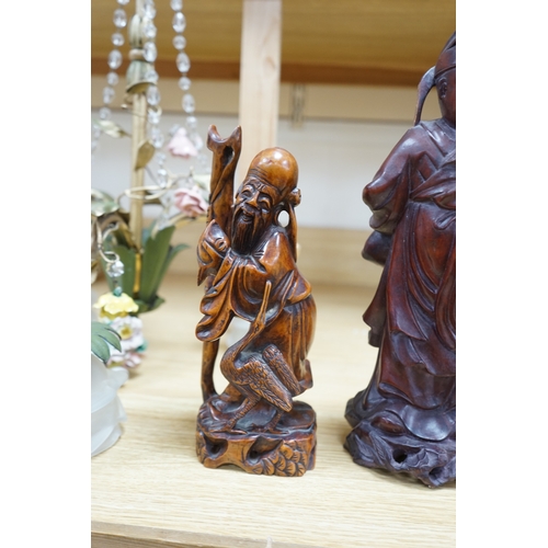 464 - Two Chinese hardwood carved figures and a soapstone figure of Guanyin, largest 37cm high. Condition ... 