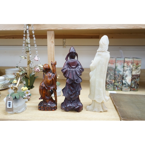 464 - Two Chinese hardwood carved figures and a soapstone figure of Guanyin, largest 37cm high. Condition ... 