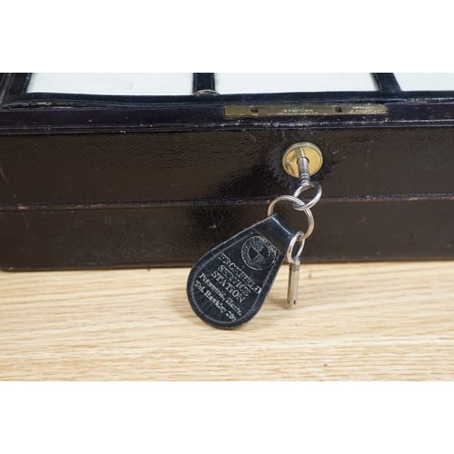 468 - J.T. Needs, 128 Piccadilly, London, a travelling writing slope with Bramah Lock & Keys, 31cm wide. C... 