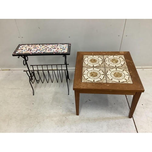 47 - A mid century Italian style wrought iron and mosaic tile magazine table and a mid century tile top o... 