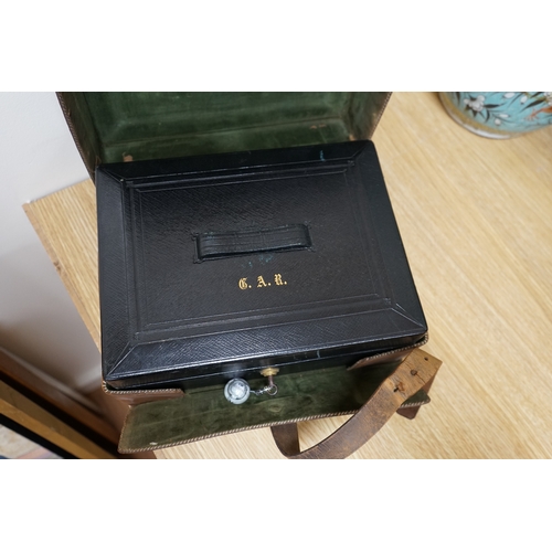 471 - Wells & Lambert, London, a travelling writing box and outer leather case, with Bramah lock and keys,... 