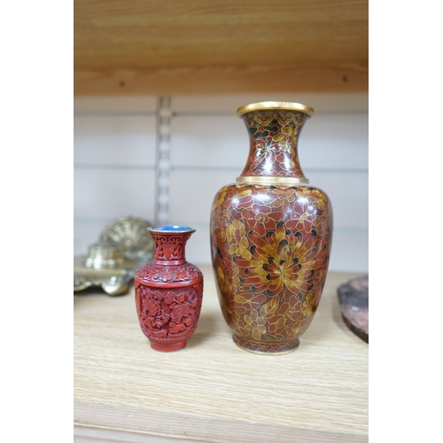 477 - A Chinese archaistic hardstone large bi disc, a cinnabar lacquer vase and a cloisonné enamel vase, l... 