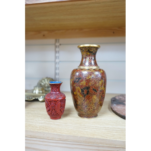 477 - A Chinese archaistic hardstone large bi disc, a cinnabar lacquer vase and a cloisonné enamel vase, l... 