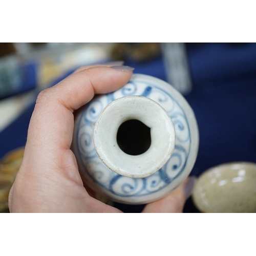 489 - A group of Thai or Annamese miniature pottery vessels and a small blue and white vase, vase 9.5cm hi... 