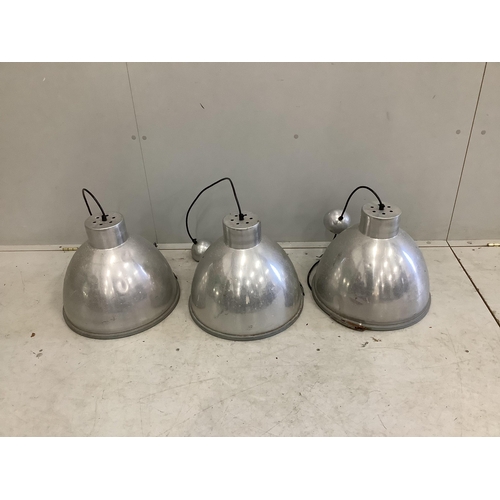 49 - A set of three industrial style circular aluminium ceiling lights, diameter 40cm, height 33cm. Condi... 