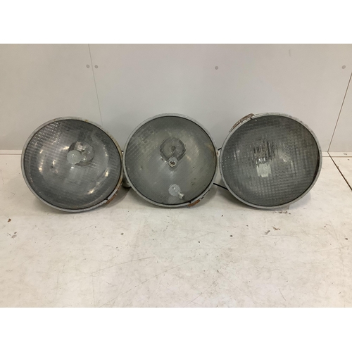 49 - A set of three industrial style circular aluminium ceiling lights, diameter 40cm, height 33cm. Condi... 