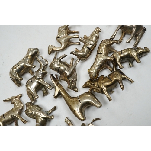 498 - A collection of fourteen assorted animal shaped plated miniature menu/place setting holders, tallest... 