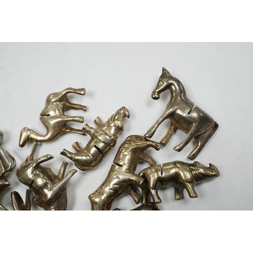 498 - A collection of fourteen assorted animal shaped plated miniature menu/place setting holders, tallest... 