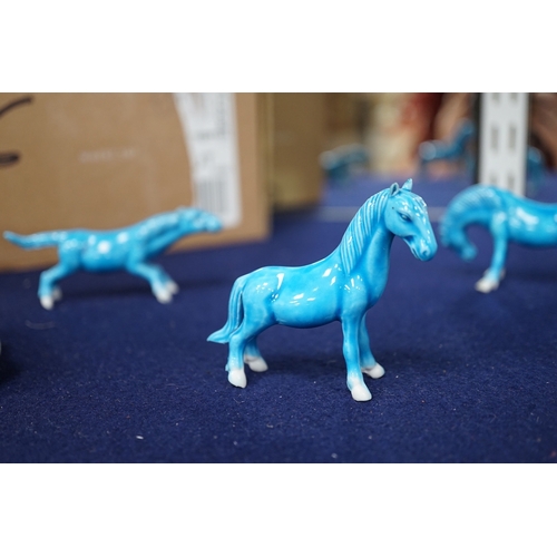 500 - A group of Chinese turquoise glazed models of horses, three ceramic and one enamel scent bottle, tal... 