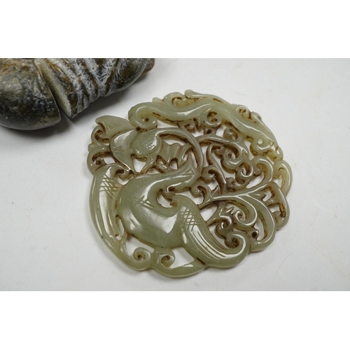 503 - A 19th century Chinese reticulated celadon jade disc, 6.5cm diameter, a Ming style peach shaped brus... 