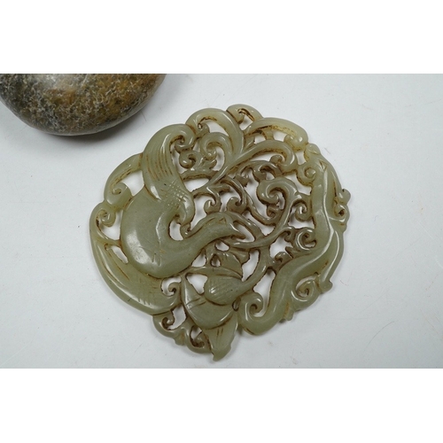 503 - A 19th century Chinese reticulated celadon jade disc, 6.5cm diameter, a Ming style peach shaped brus... 