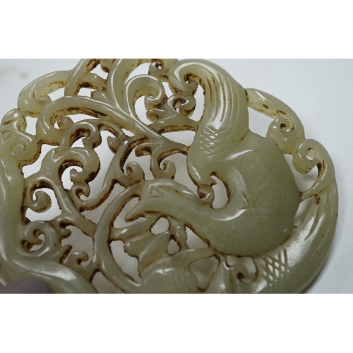 503 - A 19th century Chinese reticulated celadon jade disc, 6.5cm diameter, a Ming style peach shaped brus... 