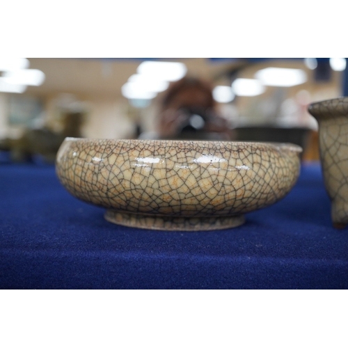 506 - A Chinese crackle-glaze censer, 14cm wide, and a similar peach shaped brush washer, 12cm diameter (2... 