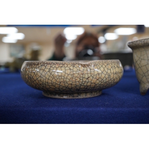 506 - A Chinese crackle-glaze censer, 14cm wide, and a similar peach shaped brush washer, 12cm diameter (2... 