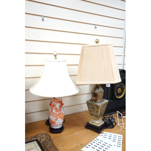 509 - A Chinese style soapstone lamp and another porcelain dragon lamp, tallest 70cm high. Condition - fai... 