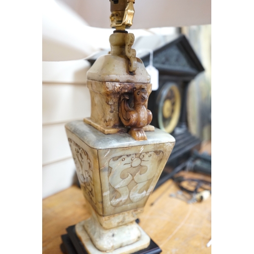 509 - A Chinese style soapstone lamp and another porcelain dragon lamp, tallest 70cm high. Condition - fai... 