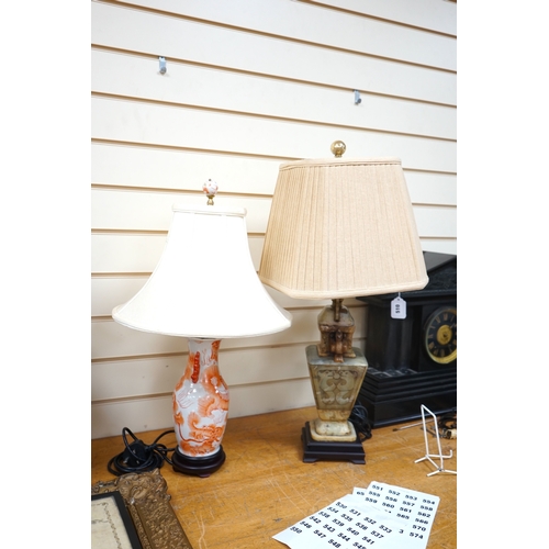 509 - A Chinese style soapstone lamp and another porcelain dragon lamp, tallest 70cm high. Condition - fai... 