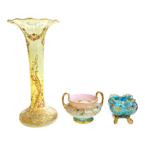 516 - Three Bohemian gilt decorated glass vessels, including two Moser bowls and a tall Vaseline vase, 34.... 