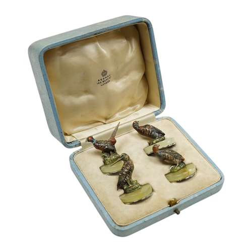 520 - A cased Asprey set of four cold painted bronze and chrome plated novelty game bird menu holders, tal... 