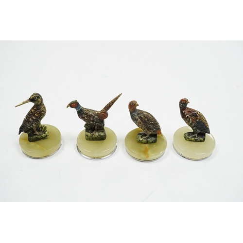 520 - A cased Asprey set of four cold painted bronze and chrome plated novelty game bird menu holders, tal... 