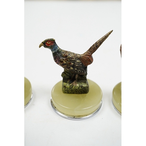 520 - A cased Asprey set of four cold painted bronze and chrome plated novelty game bird menu holders, tal... 