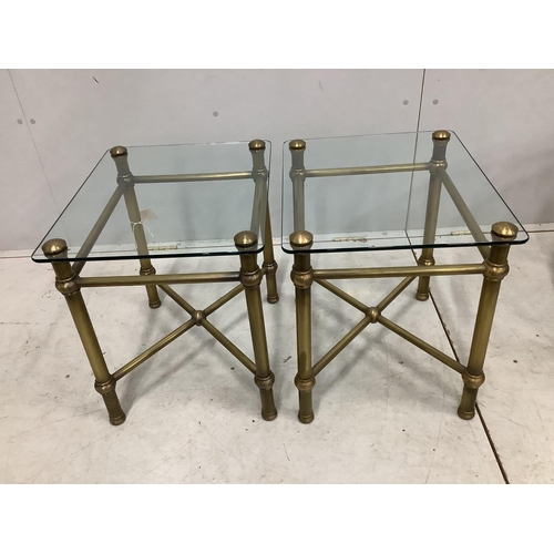 55 - A pair of contemporary lacquered brass square glass top occasional tables. Width 41cm, height 51cm. ... 