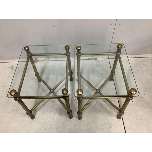 55 - A pair of contemporary lacquered brass square glass top occasional tables. Width 41cm, height 51cm. ... 