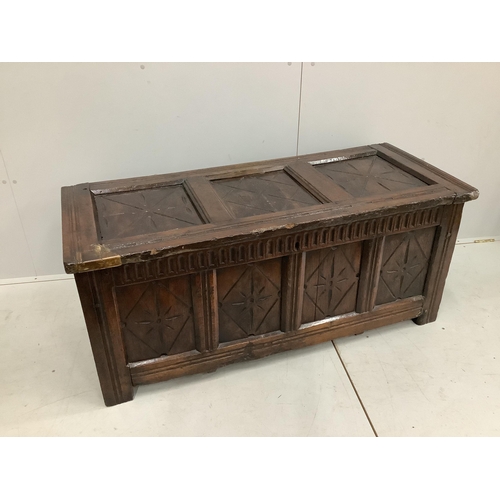 62 - An early 18th century and later oak coffer, width 132cm, height 58cm. Condition - poor