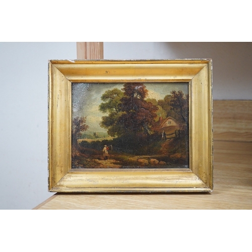 708 - After John Constable RA (1776-1837), oil on board, Pastoral landscape with harvester, 14 x 19.5cm, g... 