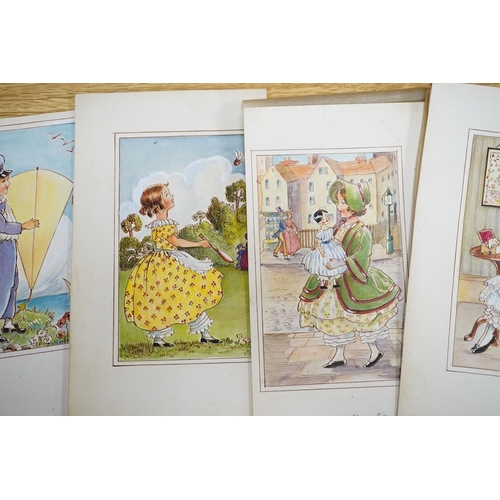 709 - Elsie Naumann (20th. C), six original 1930s watercolours for postcard designs, Humorous children, e... 