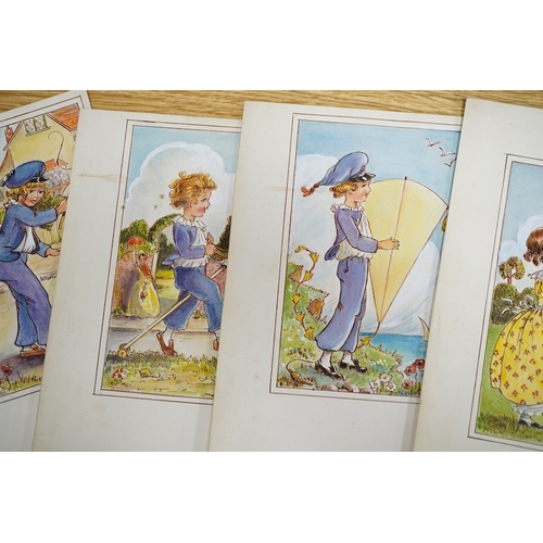 709 - Elsie Naumann (20th. C), six original 1930s watercolours for postcard designs, Humorous children, e... 