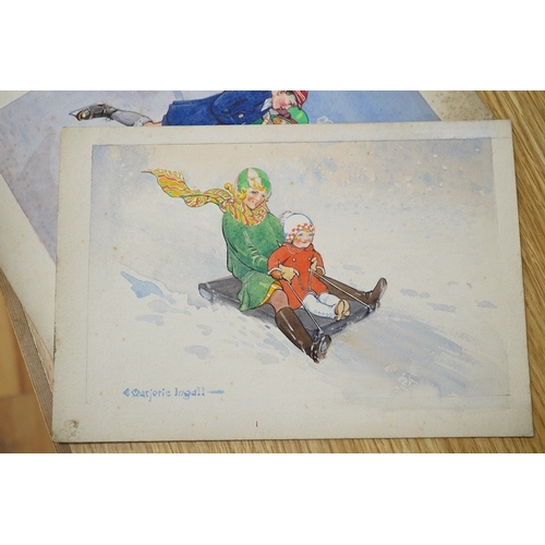 714 - Marjorie Ingall (19th/20th. C), set of six original watercolours for childrens' Christmas card desig... 