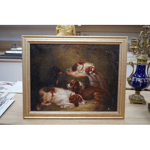 720 - George Smythe (19th. C), oil on canvas, Study of four spaniels in an interior, signed, 35 x 45cm, gi... 