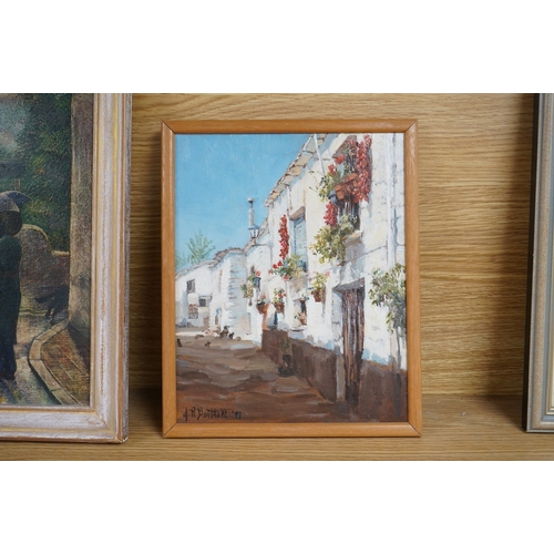 724 - Jane H. Bartlett (20th. C), impressionist oil on board, Continental street scene with villas, signed... 