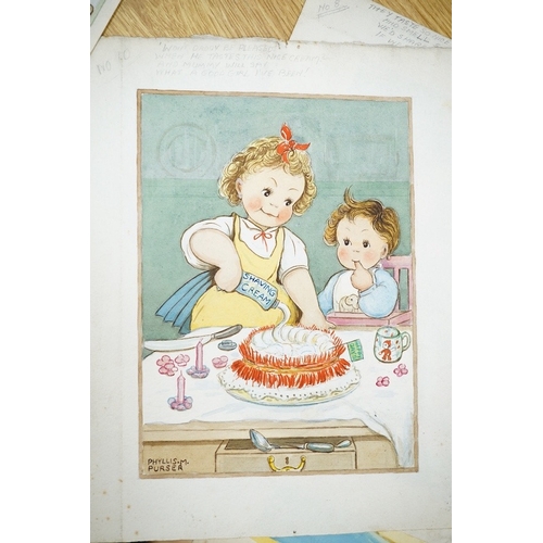 727 - Phyllis Purser (1893-1990), set of six original watercolours for childrens' postcard designs, Humoro... 