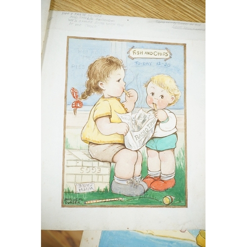 727 - Phyllis Purser (1893-1990), set of six original watercolours for childrens' postcard designs, Humoro... 